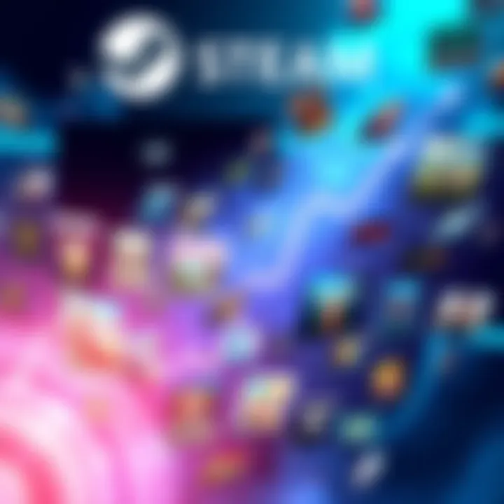 An overflowing digital wishlist showing various game titles with a Steam logo in the background