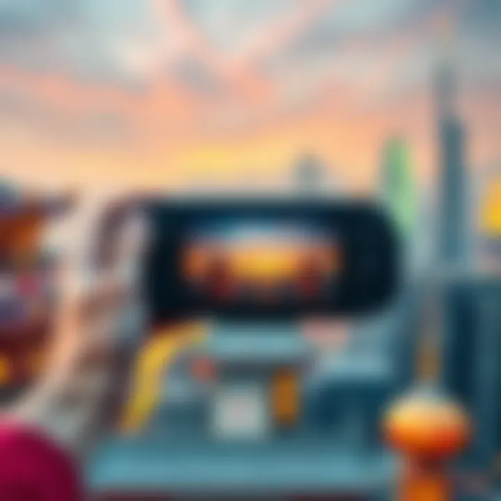 A person holding a Steamdeck gaming console with a Chinese skyline in the background, showcasing the device's features