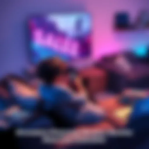 A person sitting on a couch, playing games on a Steamdeck while browsing for sales on their smartphone, surrounded by game boxes and a laptop.