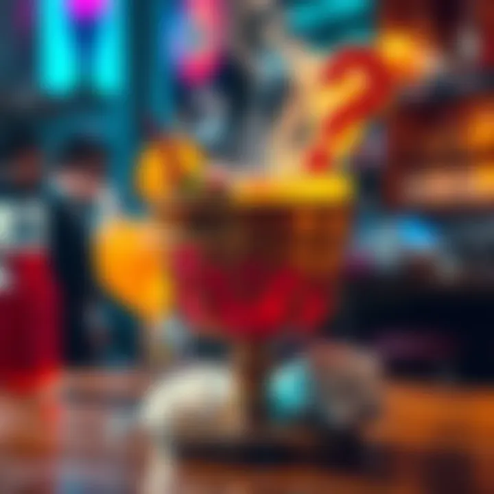 A steaming chalice filled with colorful, whimsical drinks and playful question marks around it, inviting humorous guesses about its contents.