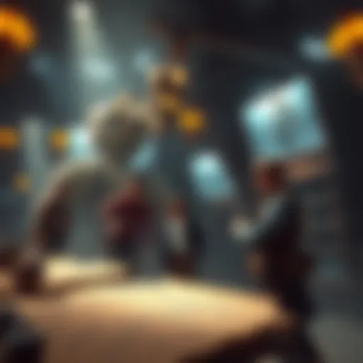 A group of adventurers in steampunk attire examining ancient blueprints for a giant mechanical colossus in a dimly lit workshop.