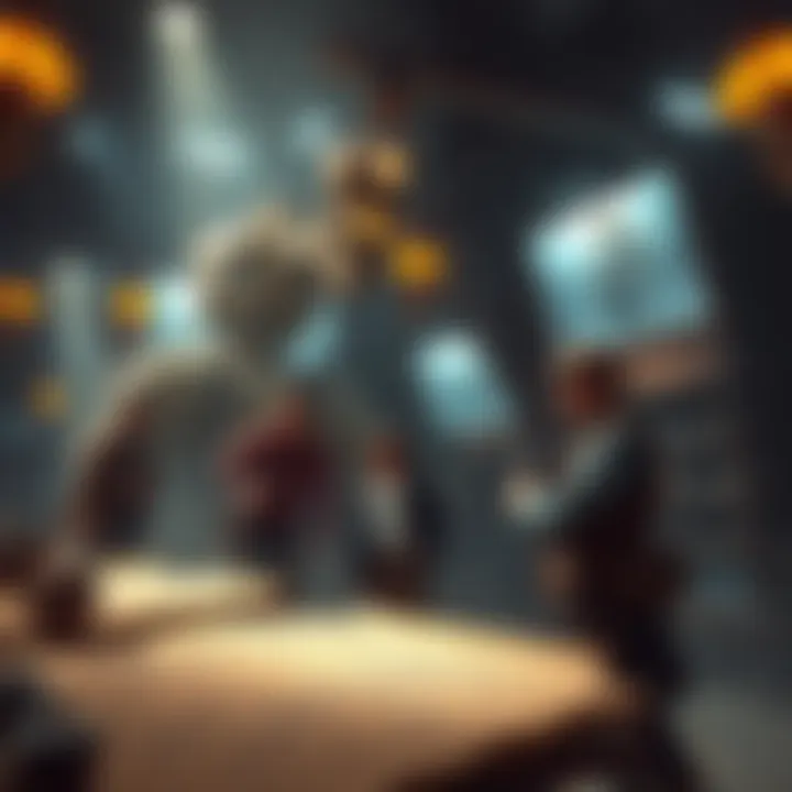 A group of adventurers in steampunk attire examining ancient blueprints for a giant mechanical colossus in a dimly lit workshop.