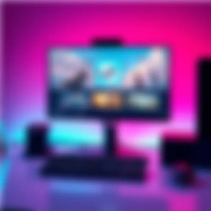 A sleek desktop PC setup showcasing the 'Steamroller' Steam OS with a modern design, keyboard, and monitor displaying gaming content.