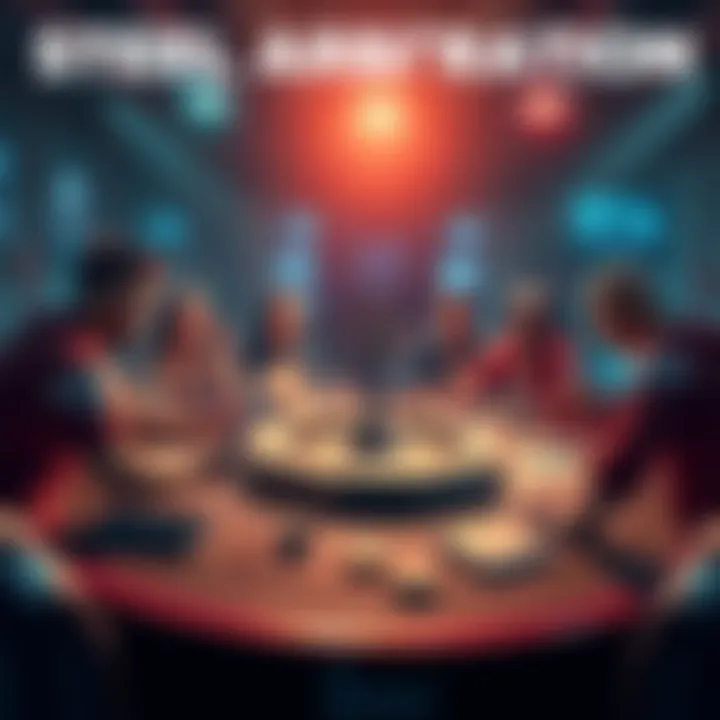 Concept art showing players strategizing around a Steel Path arbitration feature in a gaming environment.