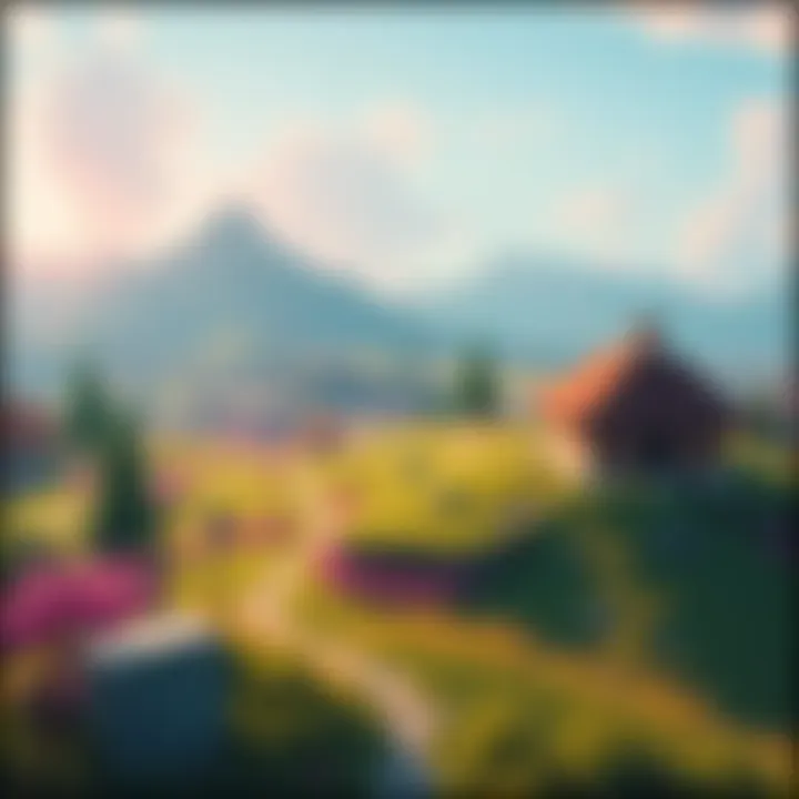 A scenic view of Stella Montis showing a vibrant landscape with no visible bathrooms or restroom facilities, highlighting the game's unique lore.