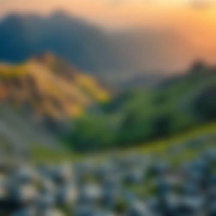 A panoramic view of Stella Montis, showing rocky terrain and green patches, ideal for hiking