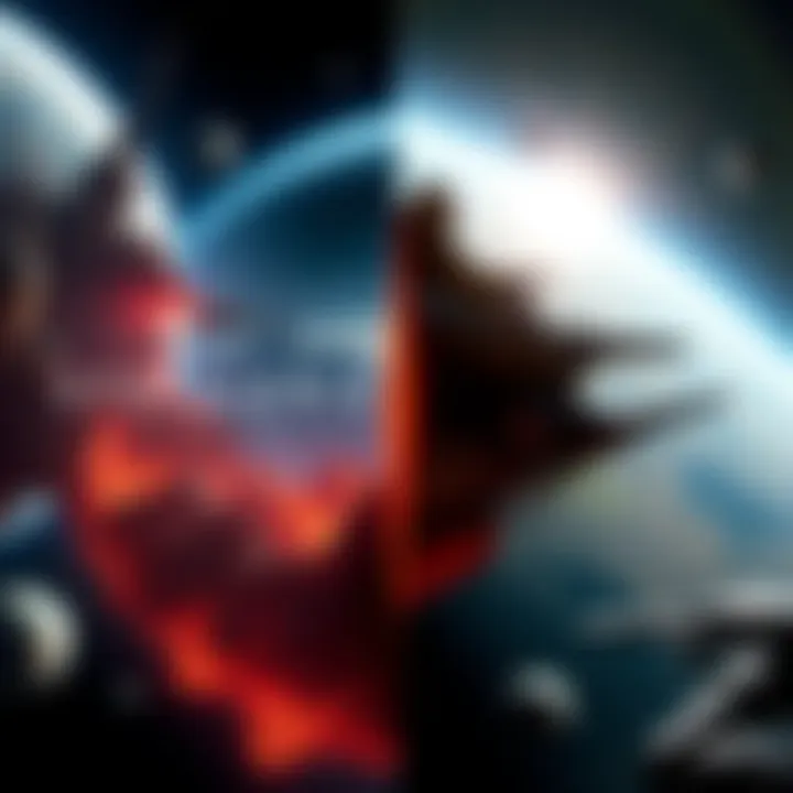 A split-screen image showing gameplay scenes from Stellaris on one side and GalCiv IV on the other side, highlighting their unique graphics and environments.