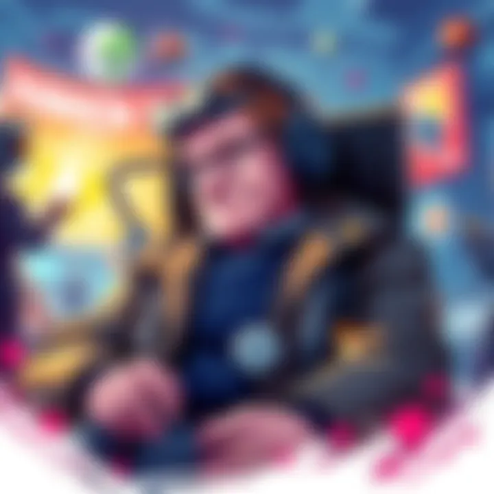 Illustration of Stephen Hawking's character in a video game setting, showcasing his unique contributions to the gameplay, surrounded by gaming elements.