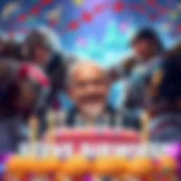 Steve Downes smiles while celebrating his birthday surrounded by iconic video game characters on a colorful backdrop.
