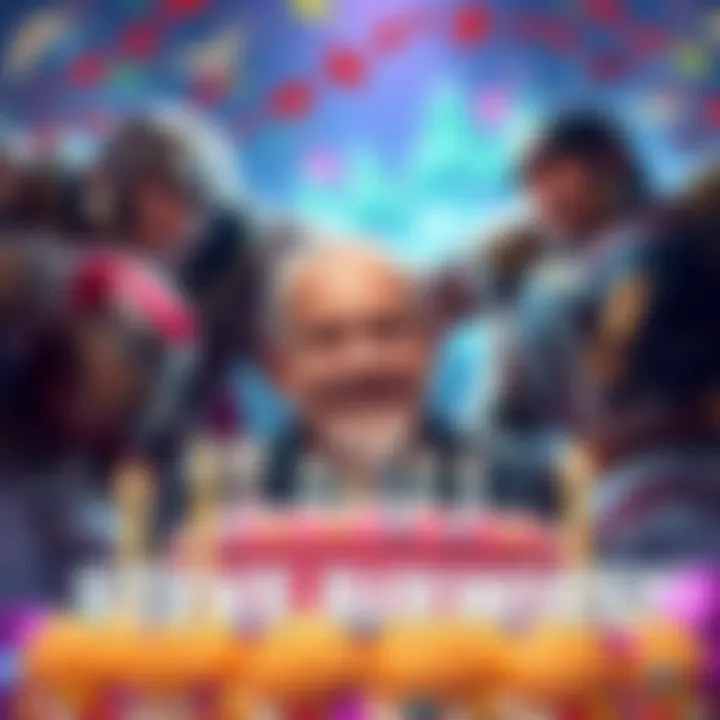 Steve Downes smiles while celebrating his birthday surrounded by iconic video game characters on a colorful backdrop.