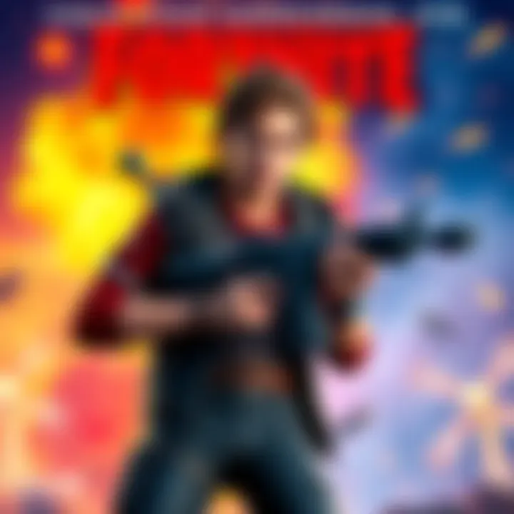 A character resembling Steve Harrington from Stranger Things, styled in Fortnite graphics, standing ready for battle in a colorful game environment