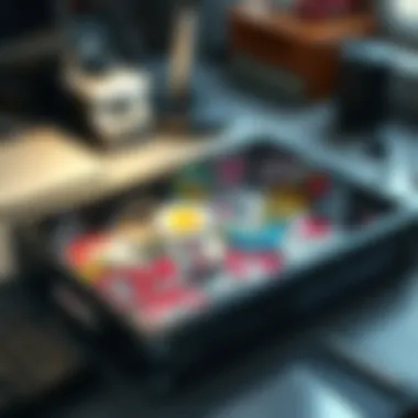 A work tray covered with colorful Life is Strange stickers, showcasing creative personalization at the office.