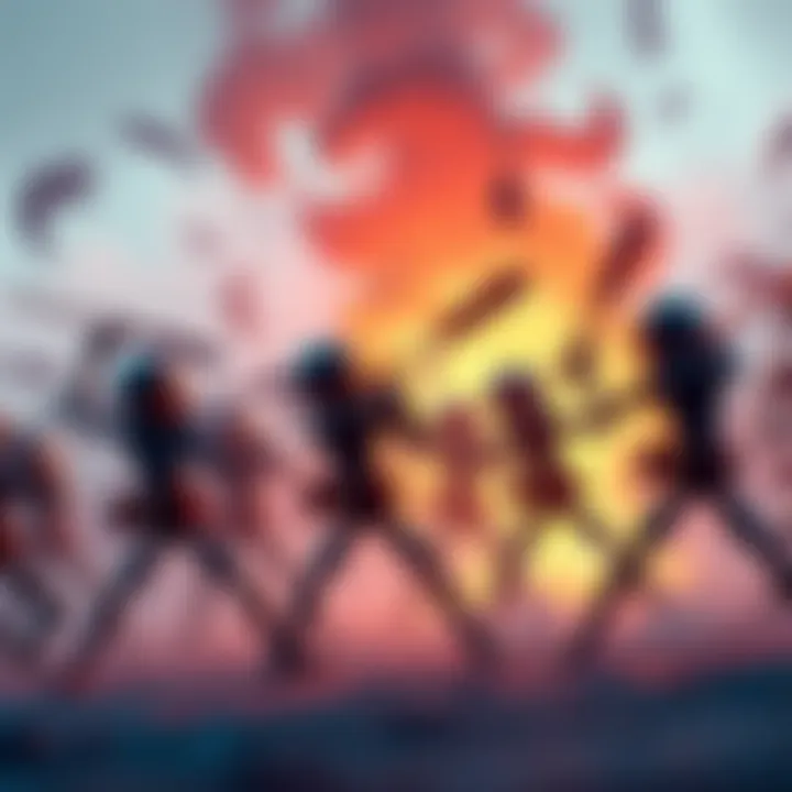 A group of stickman characters engaged in an action-packed battle with weapons in hand, showcasing strategy and competition.