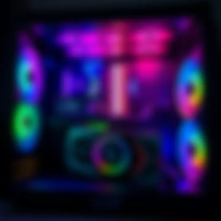 A high-performance PC setup featuring a Ryzen 9 CPU, Nvidia RTX 5090 FE graphics card, and colorful RGB lighting in a sleek case