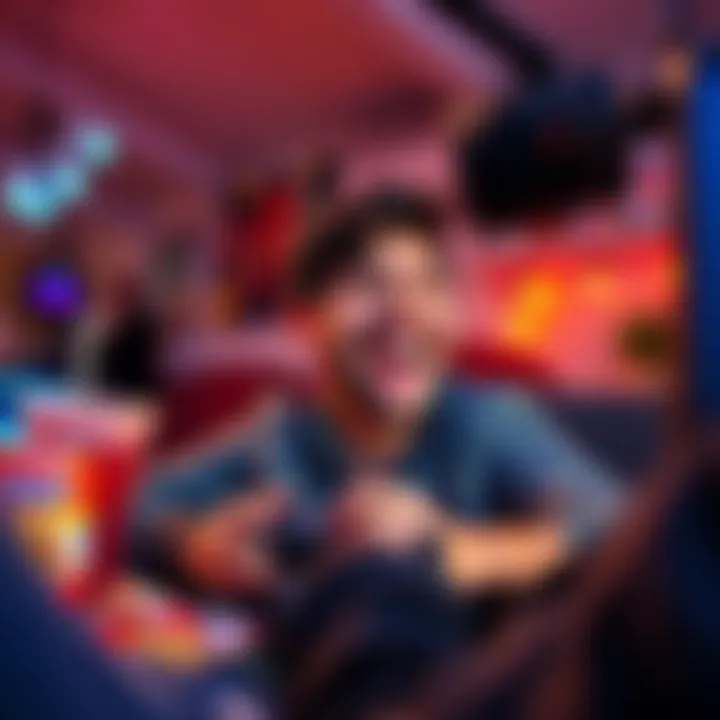 A person with a big smile playing a video game, surrounded by snacks and drinks, showing a fun and relaxed atmosphere