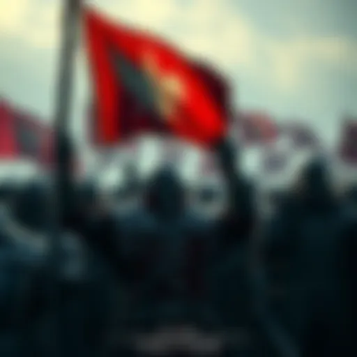 A group of people in Skyrim wearing Stormcloak armor, gathered together holding banners and shouting slogans in support of their cause during the Civil War.