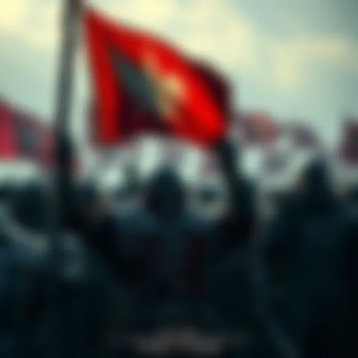 A group of people in Skyrim wearing Stormcloak armor, gathered together holding banners and shouting slogans in support of their cause during the Civil War.