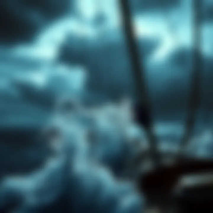 Stormy Seas in Game A player struggles with stormy weather while sailing in a video game, showing waves crashing and dark clouds overhead.