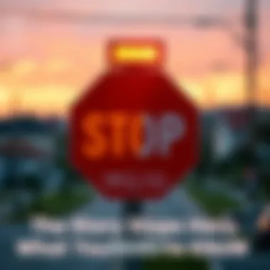 A traffic sign displaying a stop symbol, symbolizing the end of a narrative journey, with a blurred backdrop of a community.