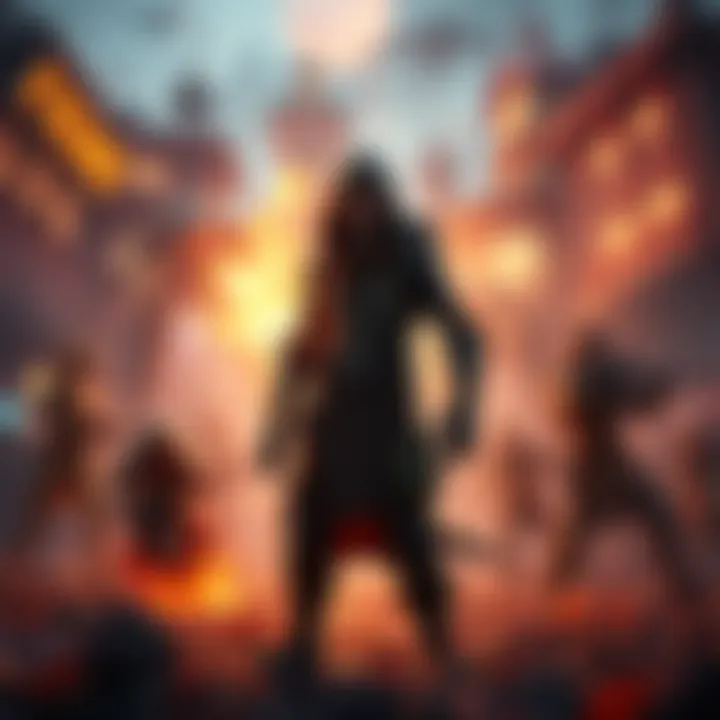 Character in a story-rich game An immersive game character standing in a vibrant game world full of action and adventure