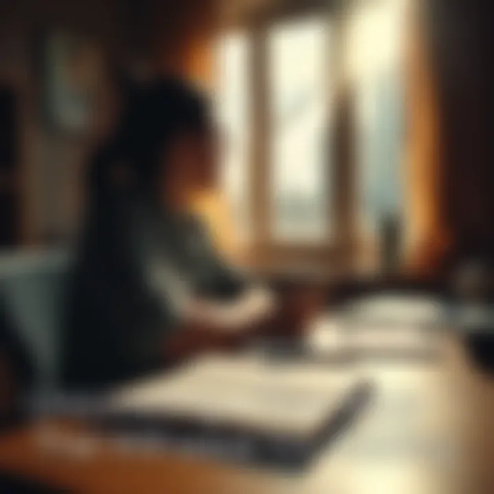 A person sitting at a desk with a notebook and pen, looking thoughtfully out a window as sunlight streams in, suggesting reflection on a captivating story.