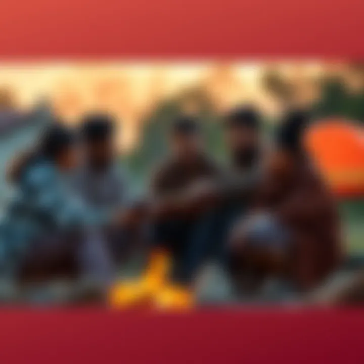A group of diverse people sharing stories around a campfire, illustrating the importance of narratives in building connections.