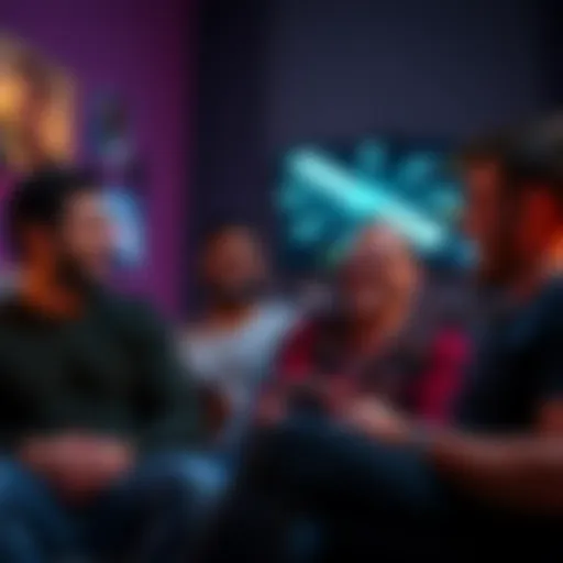 A group of straight men enjoying a popular series, engaged in conversation and laughter, highlighting their connection over the show.