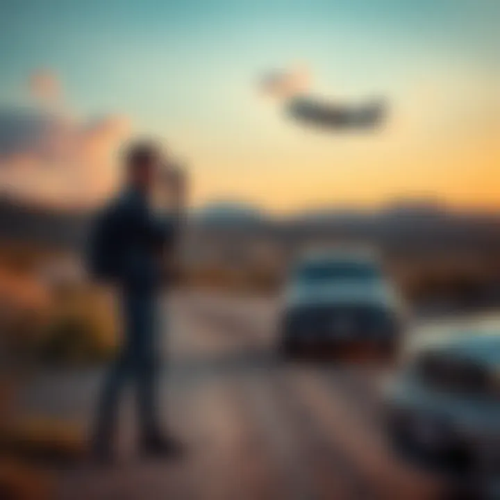 A person stands next to a car on a dirt road, looking confused and holding a phone, seeking directions for help after being stranded for hours.