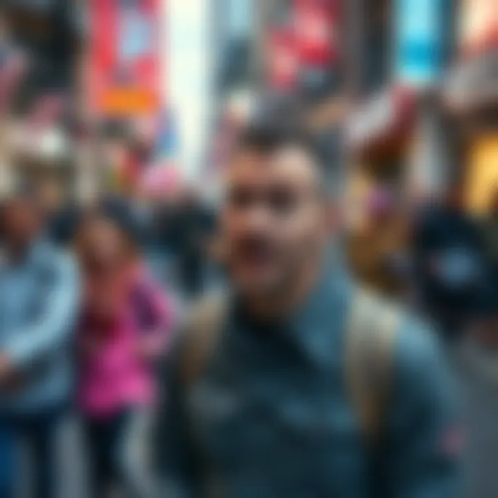 A man exhibiting unusual behavior on a busy street, looking confused and drawing attention from onlookers.