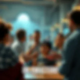 A group of people sharing stories and experiences about UN FORASTERO! in a lively community setting.