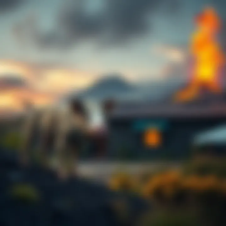A peculiar creature resembling a mix of a pig and a dog stands near a bungalow with an active volcano in the background.