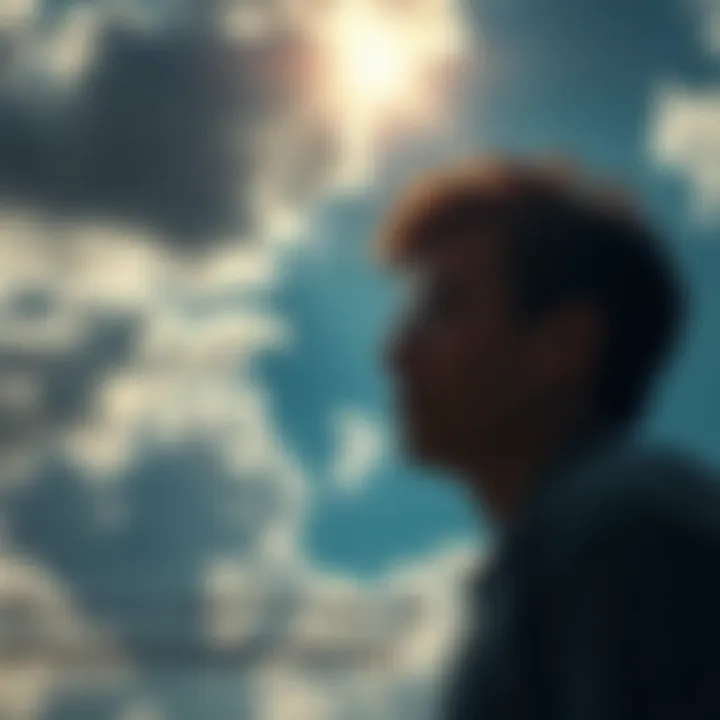 A person looking puzzled while staring at a cloudy sky with scattered sunlight