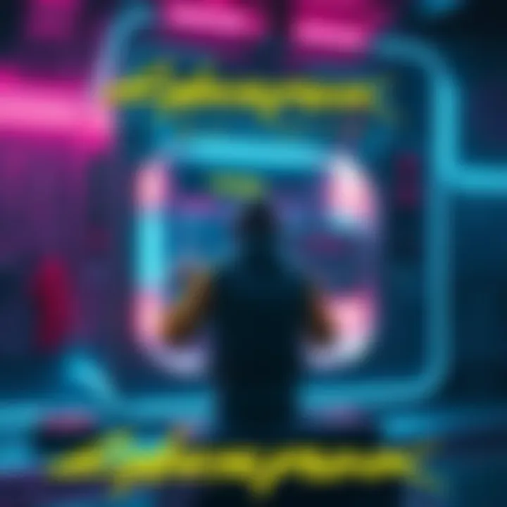 A gamer interacting with a strange terminal in the game Cyberpunk 2077, surrounded by futuristic graphics and neon lights.