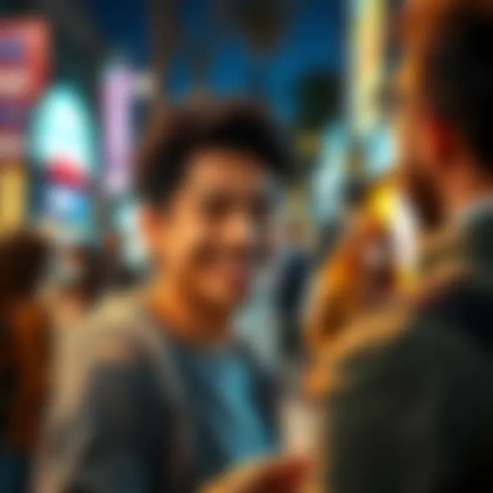 A person smiling while receiving a compliment from a stranger on the street, capturing a warm moment of connection.