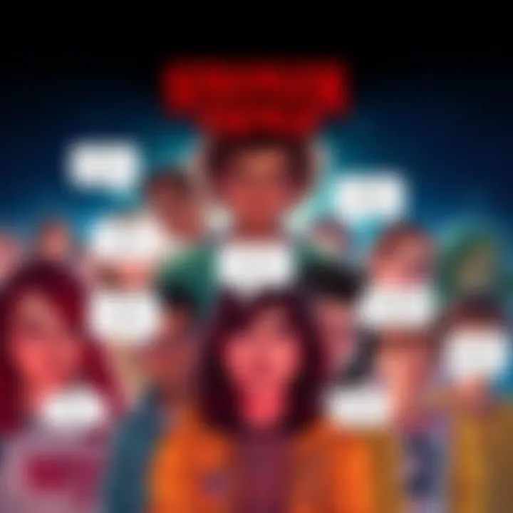 A colorful collection of various Stranger Things character skins displayed in a fun way with humorous text bubbles.