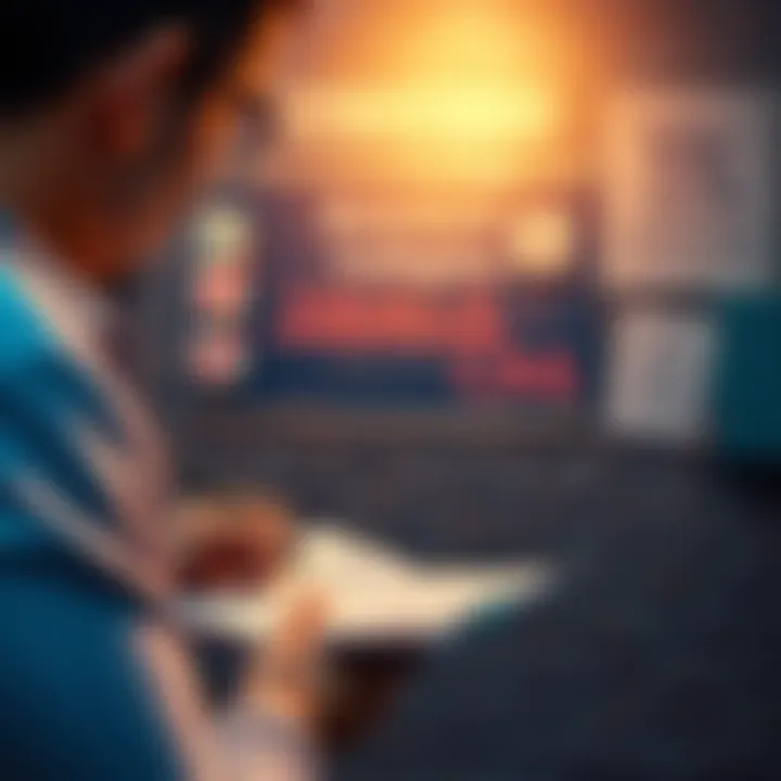 A person writing solutions on a notepad while observing a checklist of common issues on a wall.