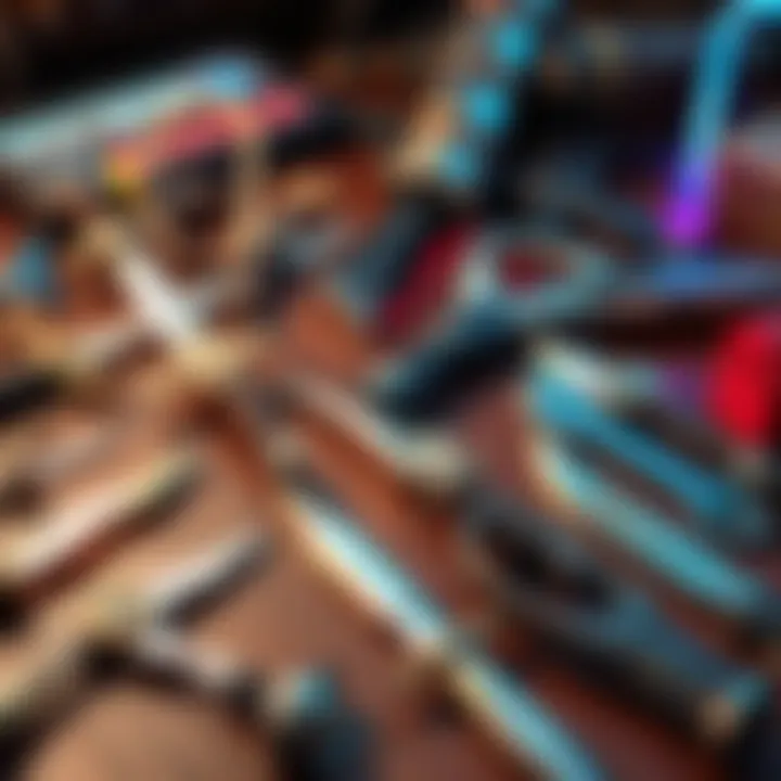 A collection of different weapons used in strategy games, including swords, bows, and magical staffs, laid out on a gaming table.