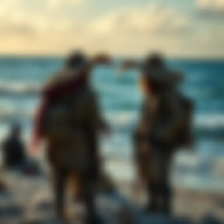 A strawhat and two bandits talk quietly on a beach at Umugi Cove with the ocean in the background.