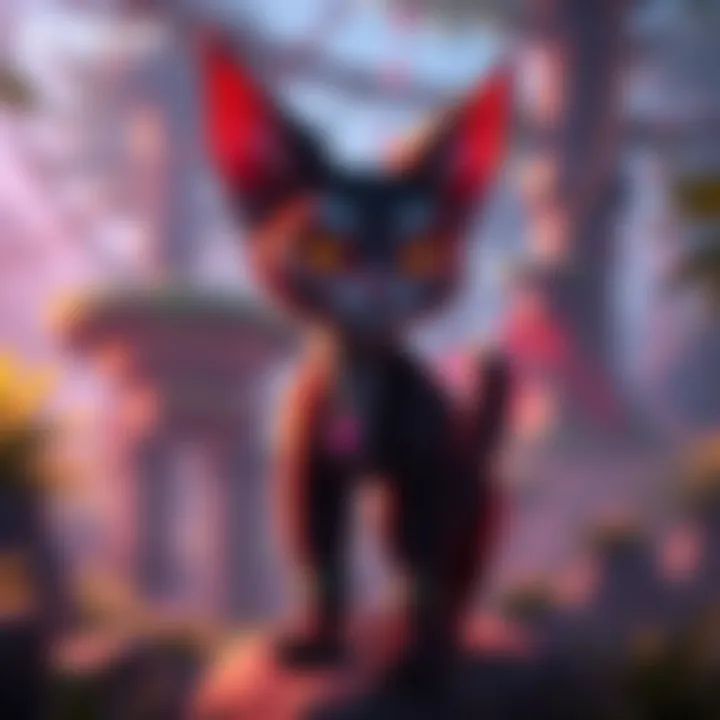 Fan art of a cat-like character in a vibrant, open world with lots of details and greenery, suggesting exploration and adventure.