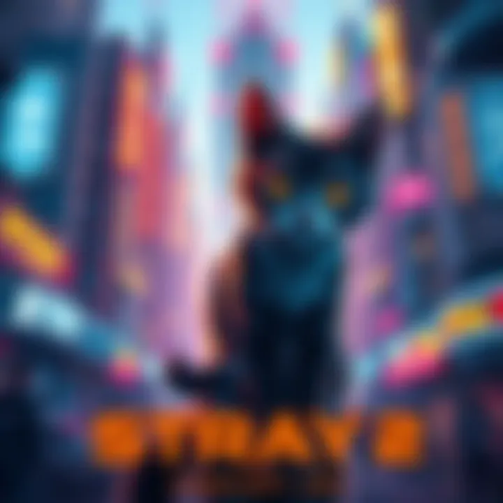 A digital art piece featuring a stray cat in a futuristic city, surrounded by neon lights and tall buildings, symbolizing the world of Stray