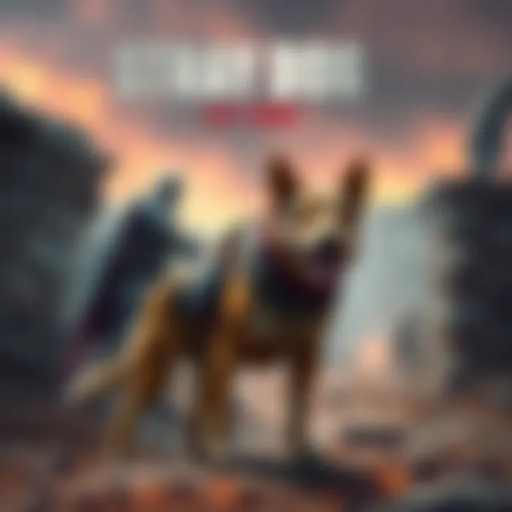 Stray Dog Game Artwork A courageous stray dog standing in a rugged environment, ready for battle, with a knight in the background needing rescue.