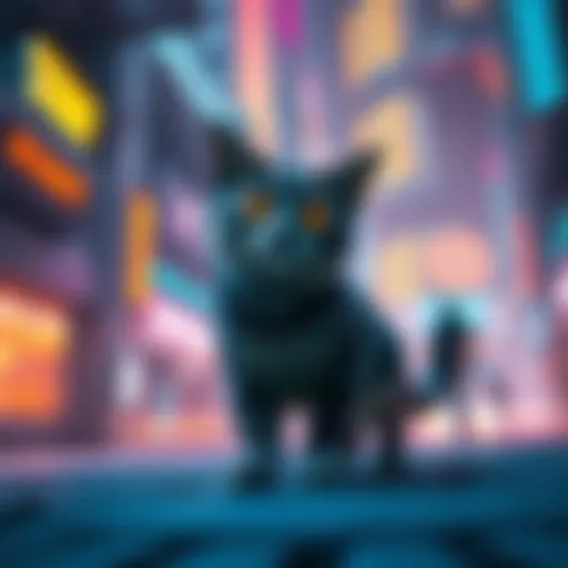 A scene from the game Stray showing a cat exploring a vibrant, futuristic cityscape with colorful lights and detailed environments.