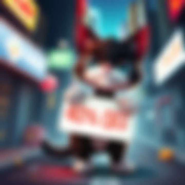 A playful cat character from Stray surrounded by urban scenery, highlighting a 40% off sale sign.