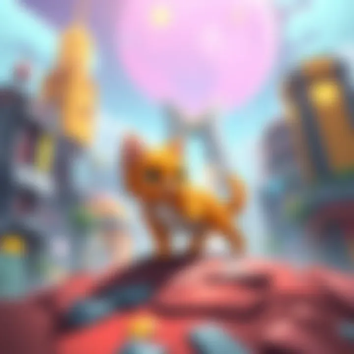 A digital illustration showing a cute orange cat exploring a vibrant, futuristic cityscape, symbolizing the potential sequel to the game Stray.
