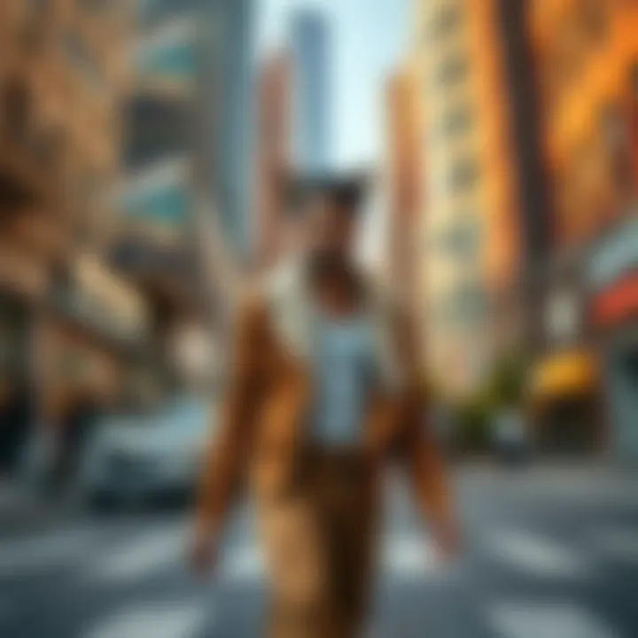 Stray Model Walking in City A stray model confidently walking through an urban area, showcasing their unique style and presence amidst city buildings and streets.