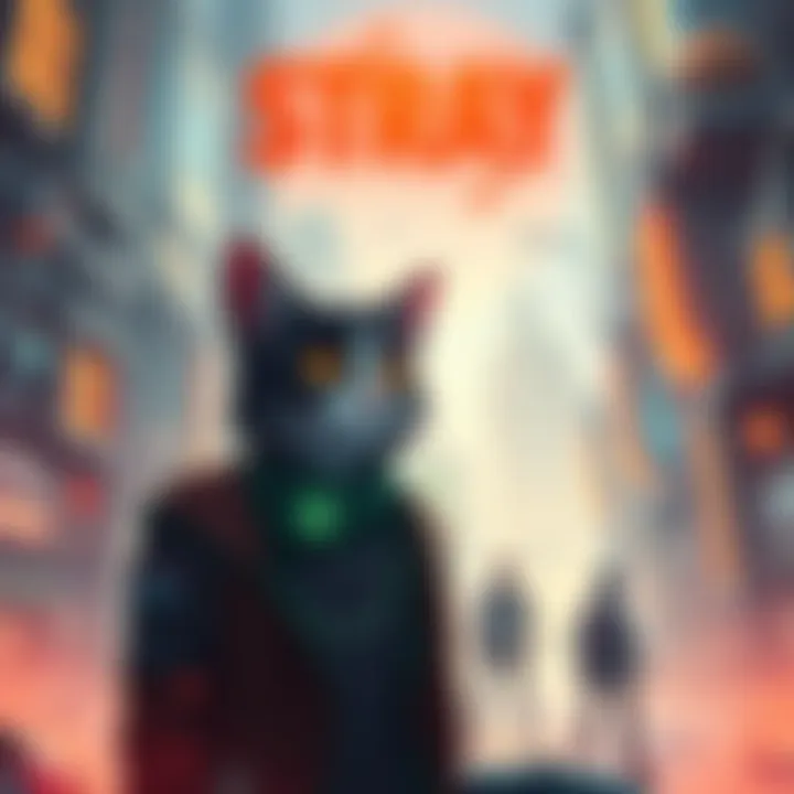 A digital illustration showing a cat in a futuristic cityscape, representing the sequel to the game Stray, with elements of adventure and exploration around it.