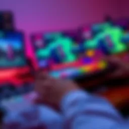 A person using a Stream Deck while gaming, with colorful buttons and a monitor in the background