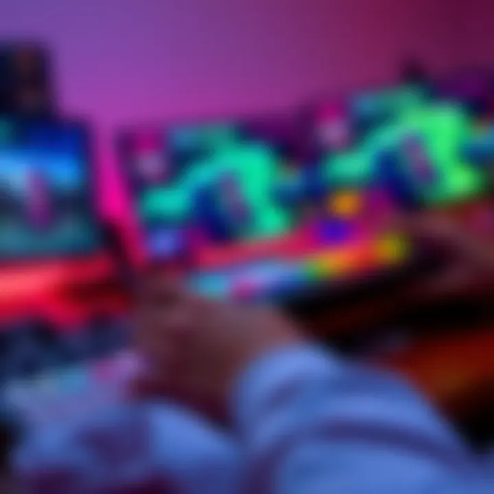 A person using a Stream Deck while gaming, with colorful buttons and a monitor in the background