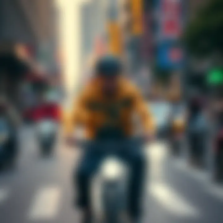 Streamer distracted by phone while biking Picture of a streamer fiddling with his phone while riding a bike on a crowded street