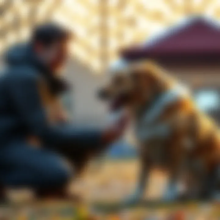 Streamer meets dog that looks like lost pet A streamer kneels down, smiling at a dog that closely resembles his lost pet, both showing a strong emotional connection.